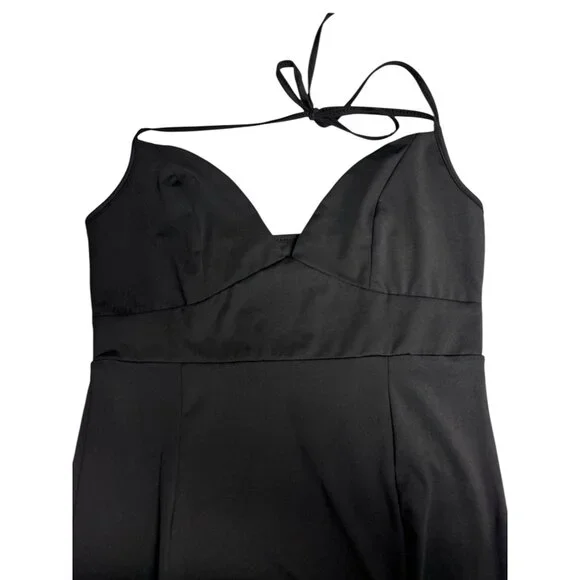 Black Halter Midi Dress With Adjustable Tie Back & Deep V-Neckline 95% Polyester - Picture 10 of 10